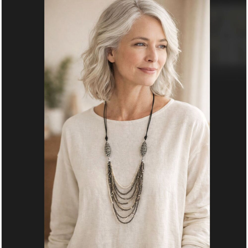 J Jill Layered Hematite Bead Necklace Silver Tone Adjustable Artisan Boho Deco